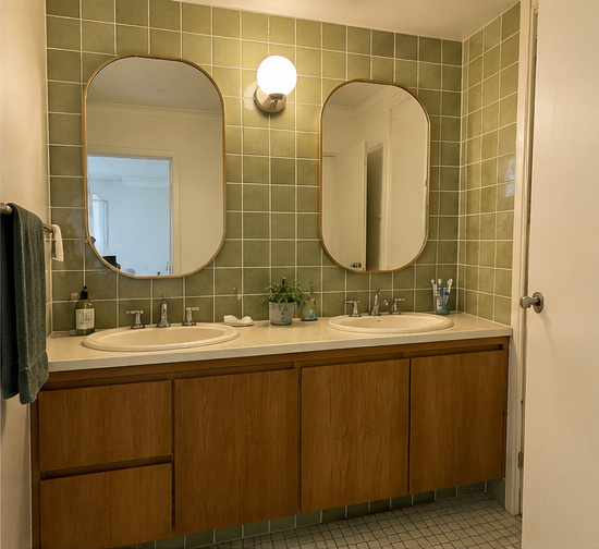 Before: Green Tile Double Vanity