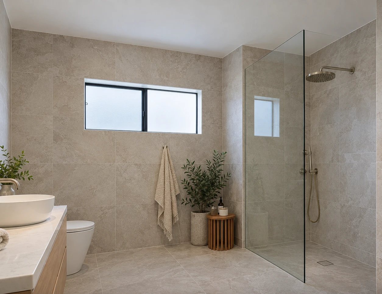 Stone-look walk-in shower
